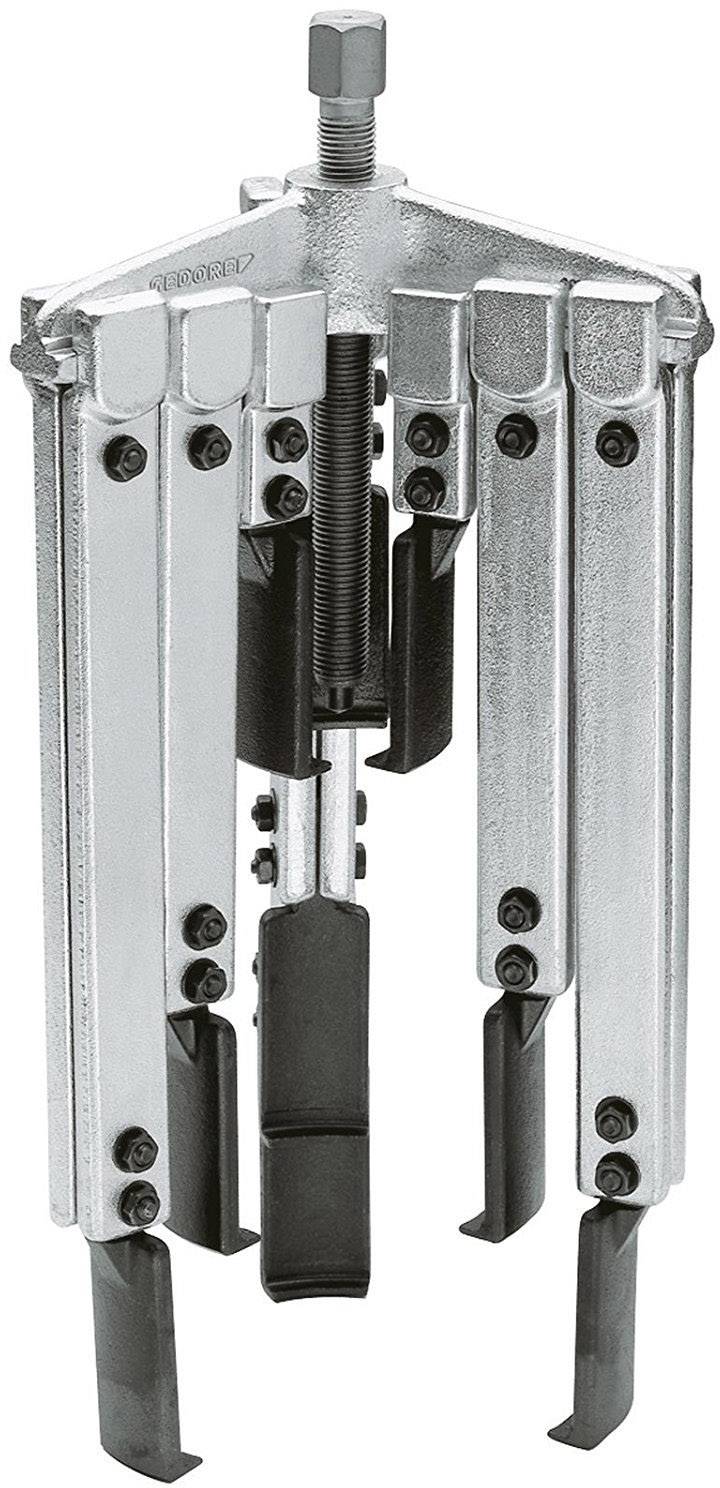 Ein mechanischer Abzieher mit drei verstellbaren Armen zum Entfernen von Lagern oder Zahnrädern. Silbernes Metall mit schwarzen Details.