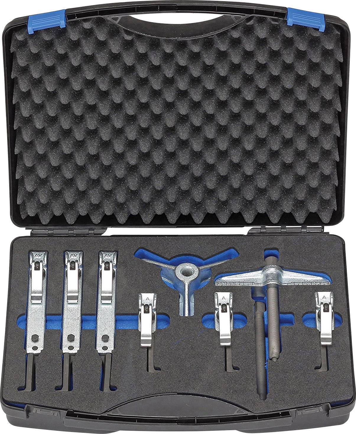 Ein geöffneter Kunststoffkoffer zeigt ein Set von Abziehern, bestehend aus verschiedenen Metallwerkzeugen, ordentlich in Schaumstoffeinsätzen angeordnet.