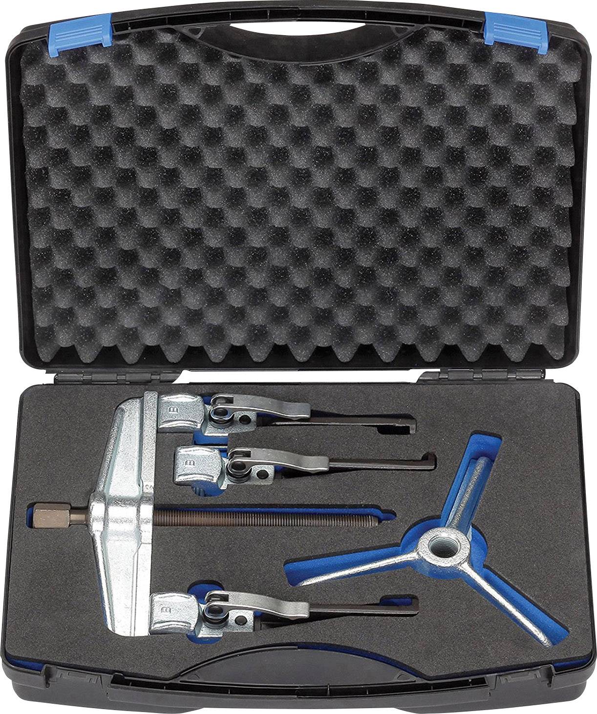 Ein offener Werkzeugkoffer mit Schaumstoffeinlage, die einen dreiteiligen Abzieher hält. Der Koffer ist zum Schutz gepolstert.