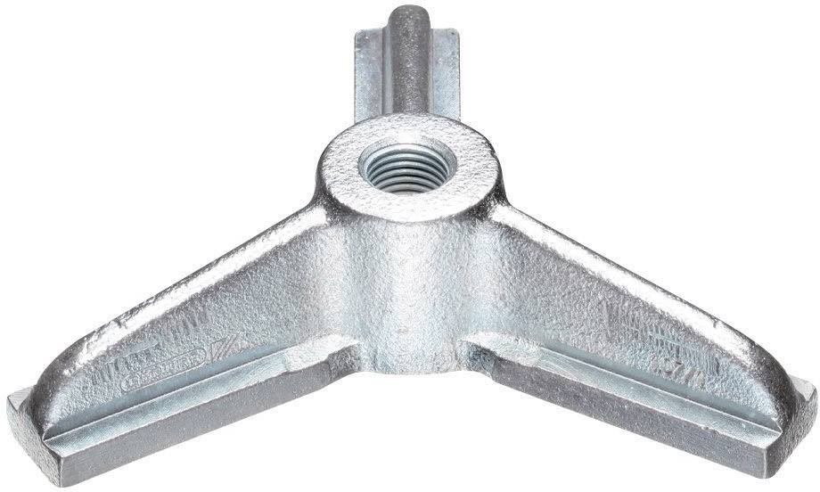 Metallteil in T-Form mit zentralem Gewinde; verwendet für Befestigungen oder Montagen in Maschinen oder Möbelkonstruktionen.