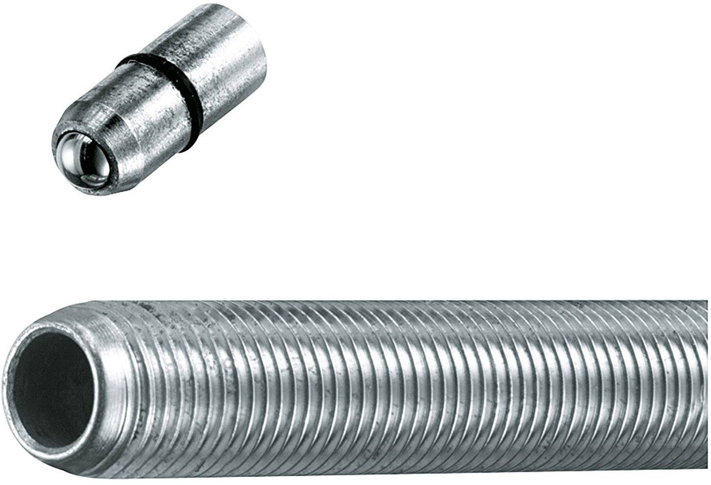 Eine Nahaufnahme eines Metallseils mit Gewinde und einem separaten Endstück, das eine glatte Metallkugel enthält.