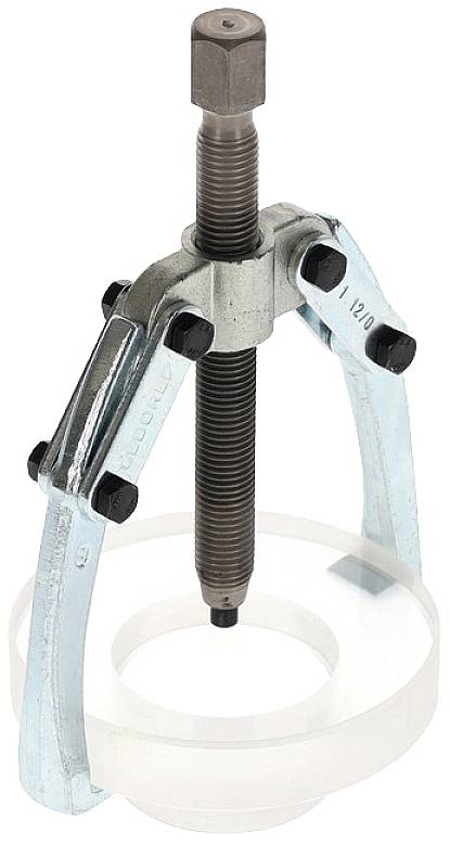 Zweibeiniger Abzieher mit Schraubenspindel, verwendet zum Entfernen festsitzender Bauteile, wie Zahnräder oder Lager, von Wellen.