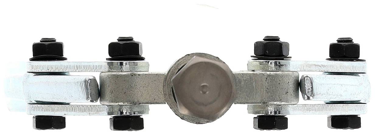 Metallverbindungselement mit zentraler Sechskantmutter und vier seitlichen Bolzen, symmetrisch angeordnet, für mechanische Befestigungen.