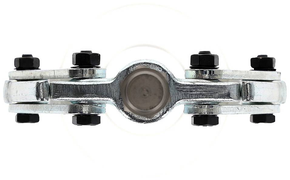 Metallverbindungsstück mit mehreren Schrauben und Muttern, symmetrisch angeordnet.