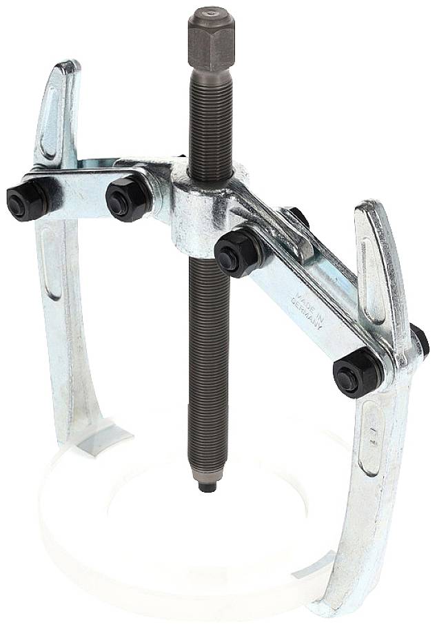Dreibeiniger Abzieher zum Entfernen von Lagern oder Zahnrädern. Metallisches Werkzeug mit verstellbaren Armen und zentralem Schraubmechanismus.