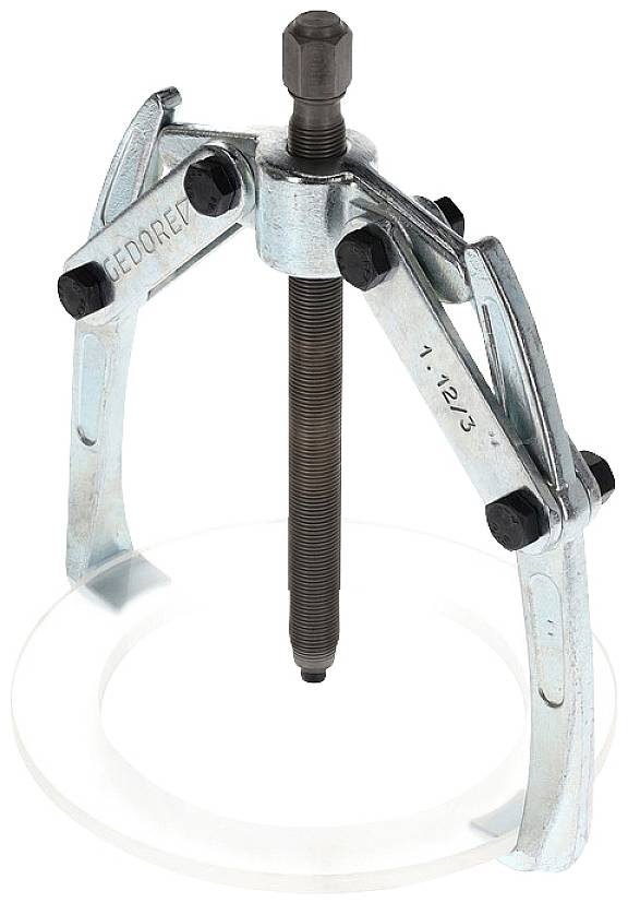 Ein Metall-Abzieher-Werkzeug mit drei Armen und zentralem Gewinde, verwendet für das Entfernen von Lagern oder Zahnrädern von Achsen.