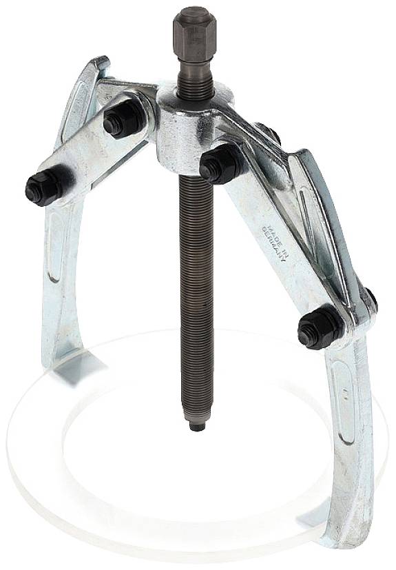 Ein metallischer Abzieher mit drei Armen und einer zentralen Schraube, verwendet zum Entfernen von Kugellagern oder ähnlichen Teilen.