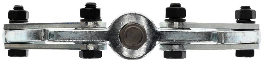 Metallobjekt mit sechs Schrauben, symmetrisch angeordnet. Schrauben sind oben und unten an einer mittleren Halterung befestigt.