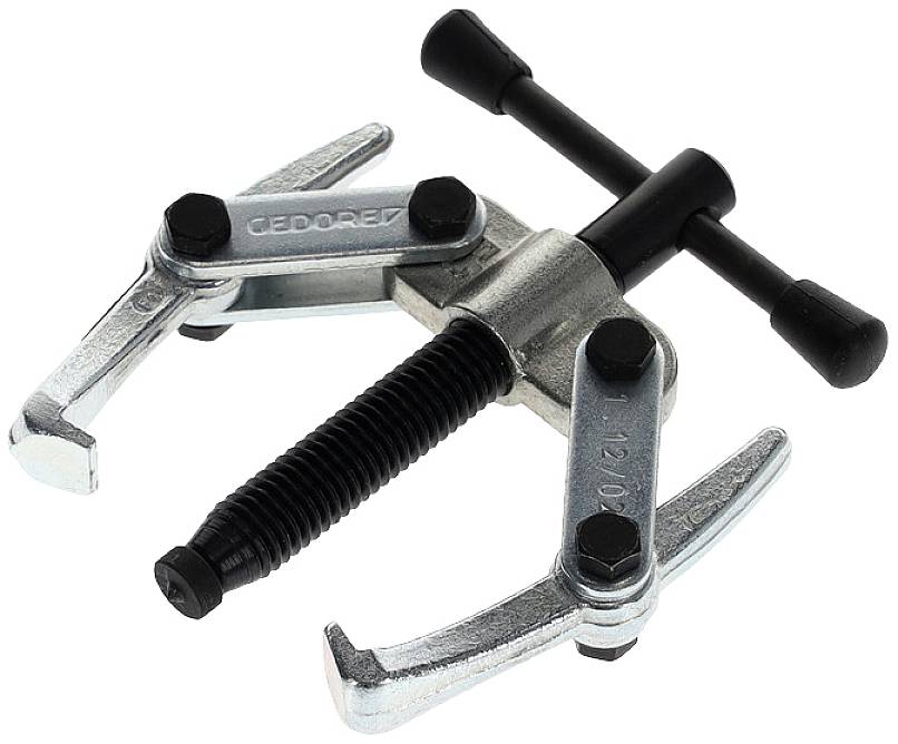 Zweibeiniger Abzieher aus Metall, nützlich zum Entfernen von Lagern oder Zahnrädern, mit Schraubmechanismus und verstellbaren Armen.