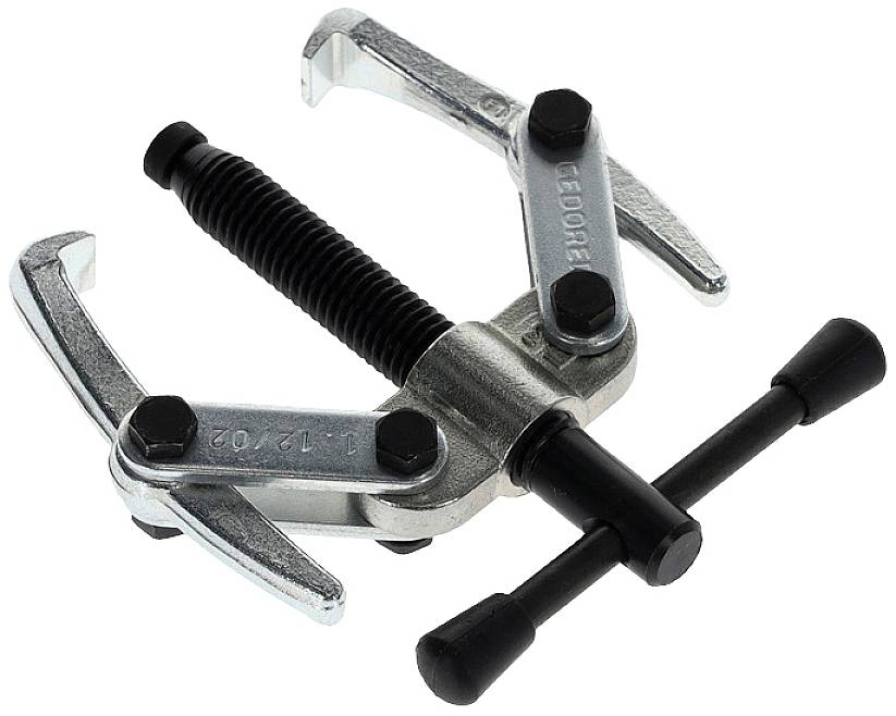 Ein Metallabzieher mit zwei verstellbaren Greifarmen und einer zentralen Schraube zum Entfernen festsitzender Teile von einer Welle.