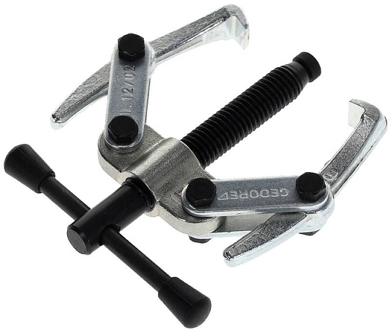 Ein Metall-Abzieher mit drei verstellbaren Armen, einer zentralen Spindel und Griff zum Festziehen. Werkzeugeinsatz, mechanische Anwendung.