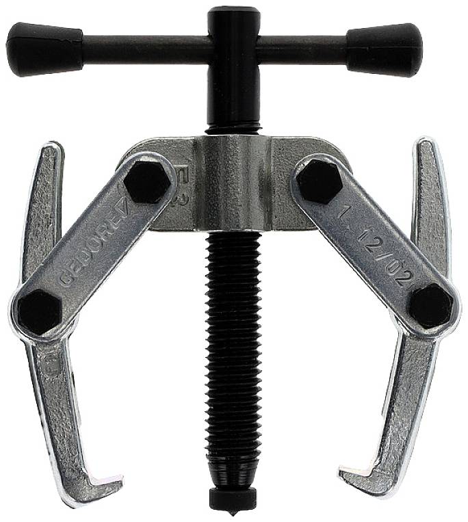 Zweiarmiger Abzieher mit zentraler Spindel und T-Griff zur Entfernung festsitzender Teile, wie Zahnräder oder Lager.