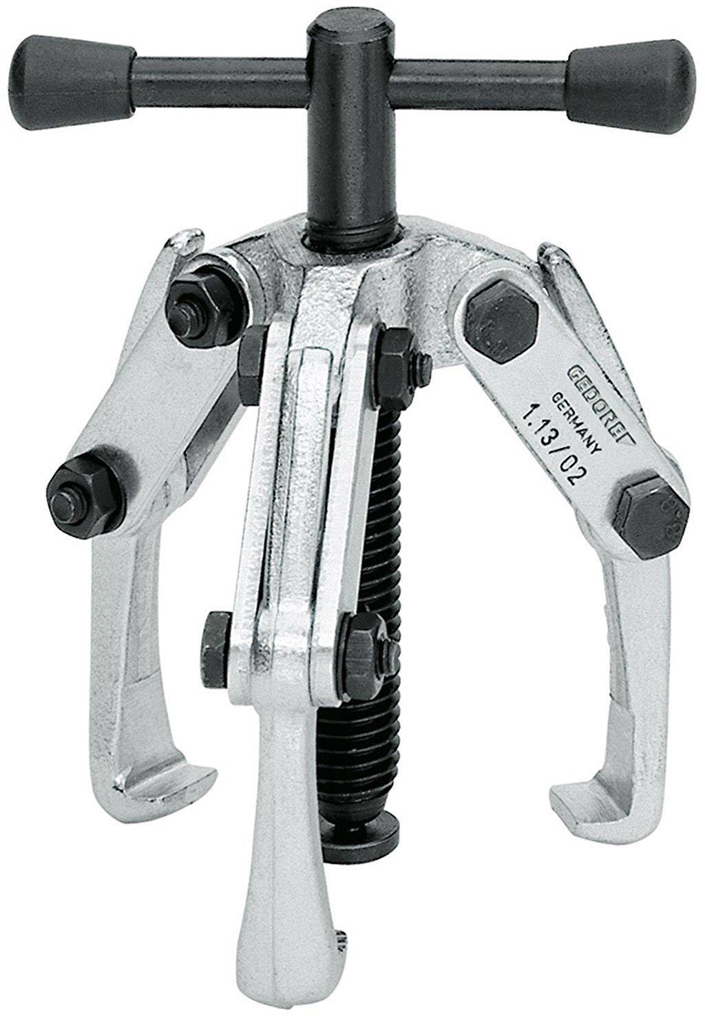 Ein dreibeiniger Abzieher mit drehbarer Schraube und Griff zum Entfernen von Zahnrädern oder Kugellagern von Wellen in mechanischen Anwendungen.