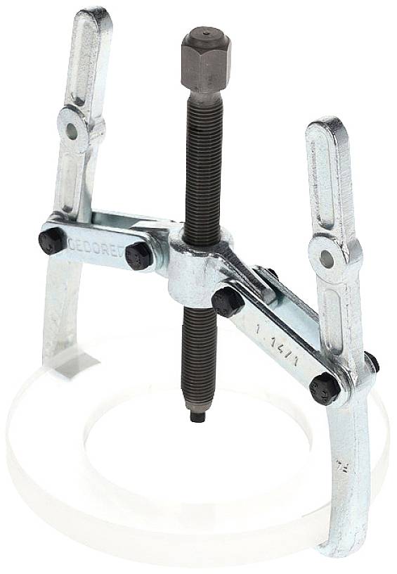 Ein silberner Abzieher mit drei Armen und zentraler Spindel, verwendet zum Abziehen von Lagern oder Zahnrädern von Wellen.