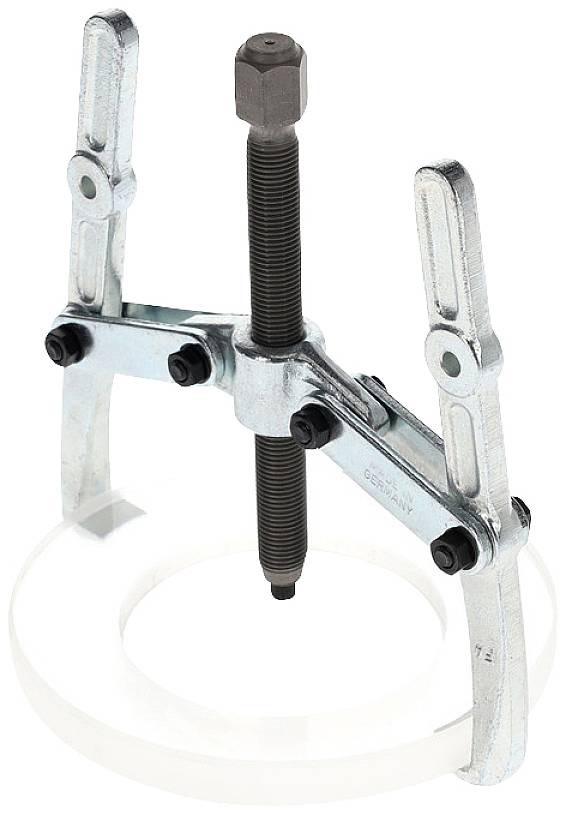 Reifenabzieher-Werkzeug aus Metall mit drehbarer mittlerer Schraube und zwei verstellbaren Greifarmen.