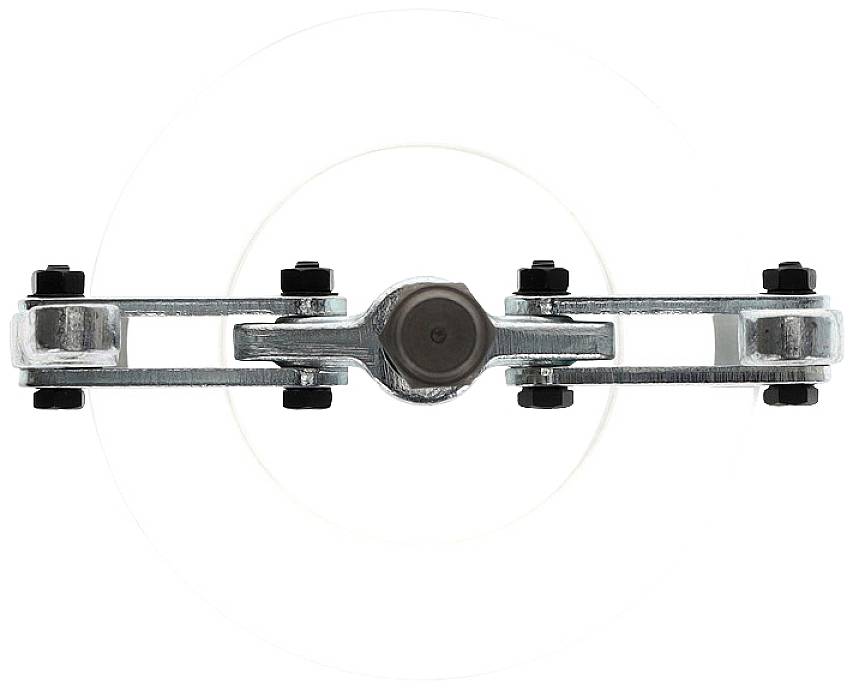 Metallisches Kettenteil mit neun kleinen Schrauben, horizontal angeordnet.