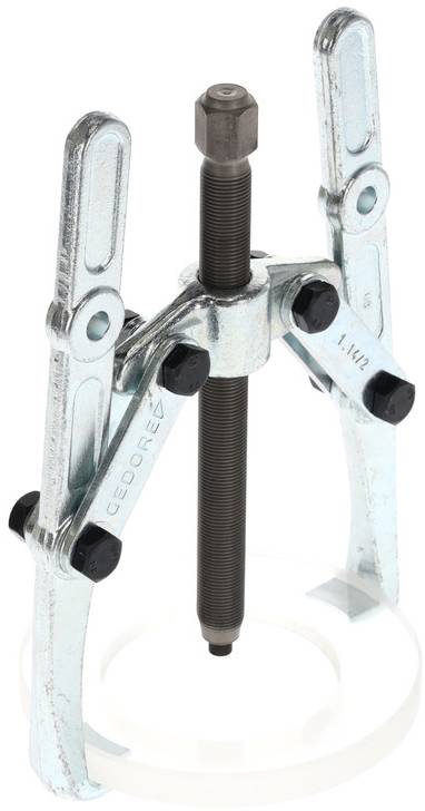 Zweibeiniger Abzieher aus Metall mit Schraubmechanismus, verwendet für das Abziehen von Lagern oder Zahnrädern in mechanischen Anwendungen.