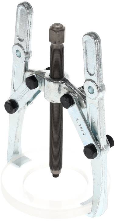 Ein metallischer Zweiarm-Abzieher mit Schraubenmechanismus, verwendet zum Entfernen von Lagern oder Zahnrädern von Wellen.