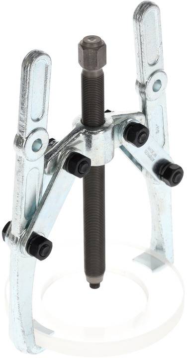 Ein zweibeiniger Abzieher aus Metall, der zum Entfernen von Zahnrädern oder Lagern von Wellen eingesetzt wird.