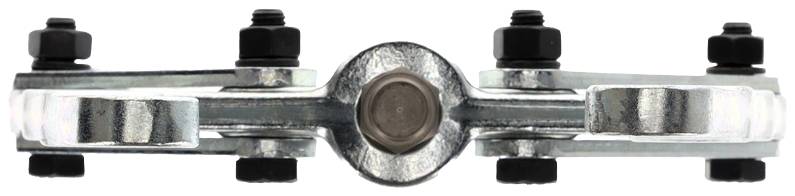 Metallverbindungsstück mit sechs Schrauben, zentraler rundlicher Bereich. Symmetrische Anordnung, industrielles Design.