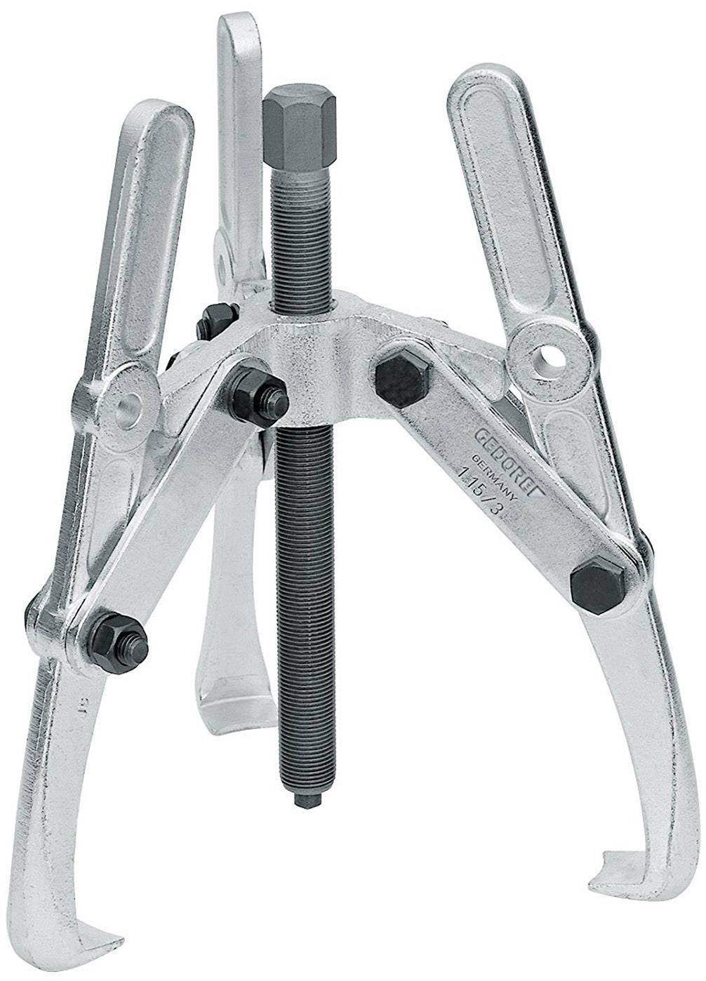 Ein dreibeiniger Abzieher aus Metall mit einer zentralen Schraube, die zum Entfernen von Zahnrädern, Lagern oder ähnlichen Teilen verwendet wird.