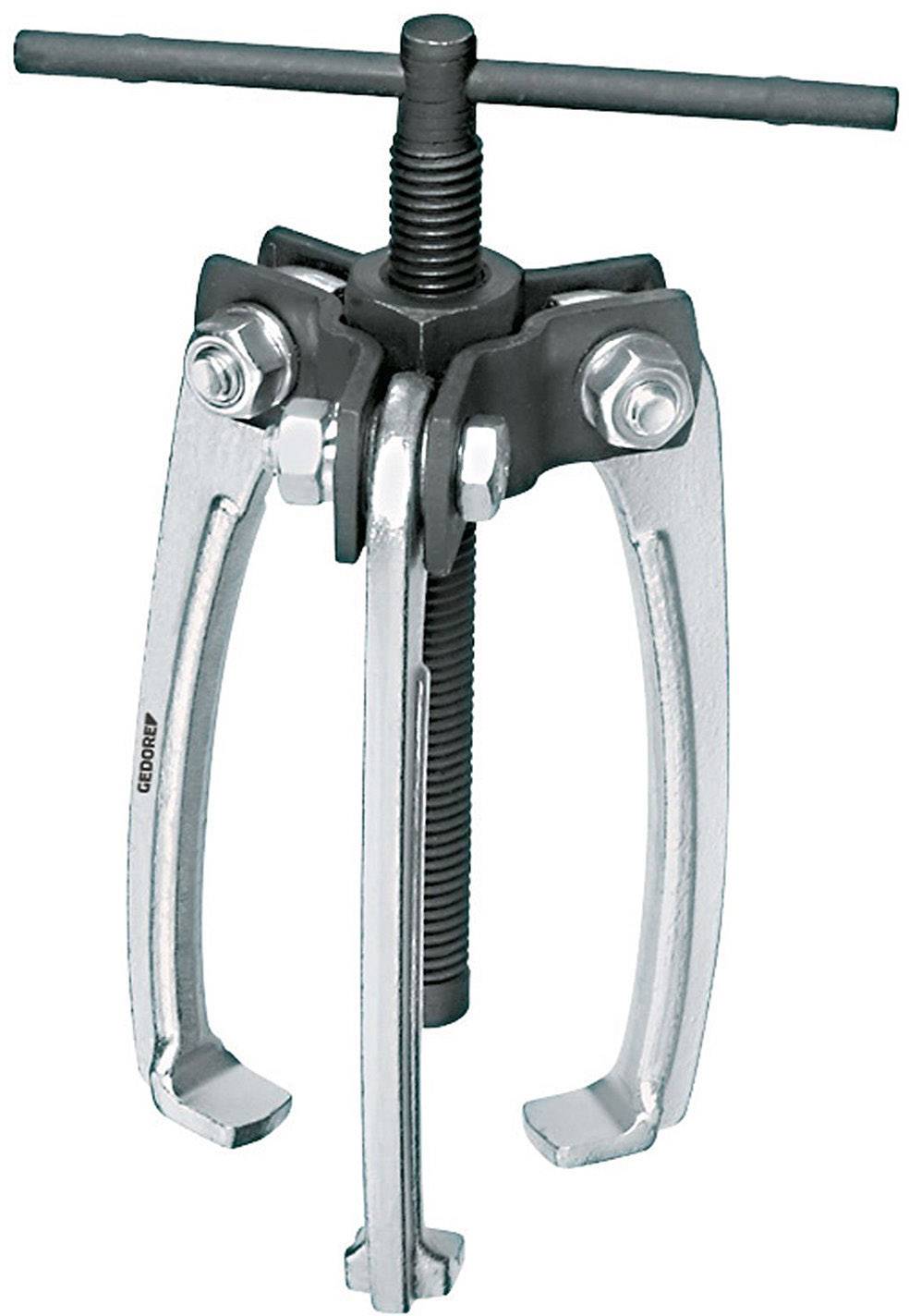 Ein dreizackiger Abzieher mit Schraubmechanismus. Die Arme sind metallisch und dienen zum Lösen von fest sitzenden Teilen.