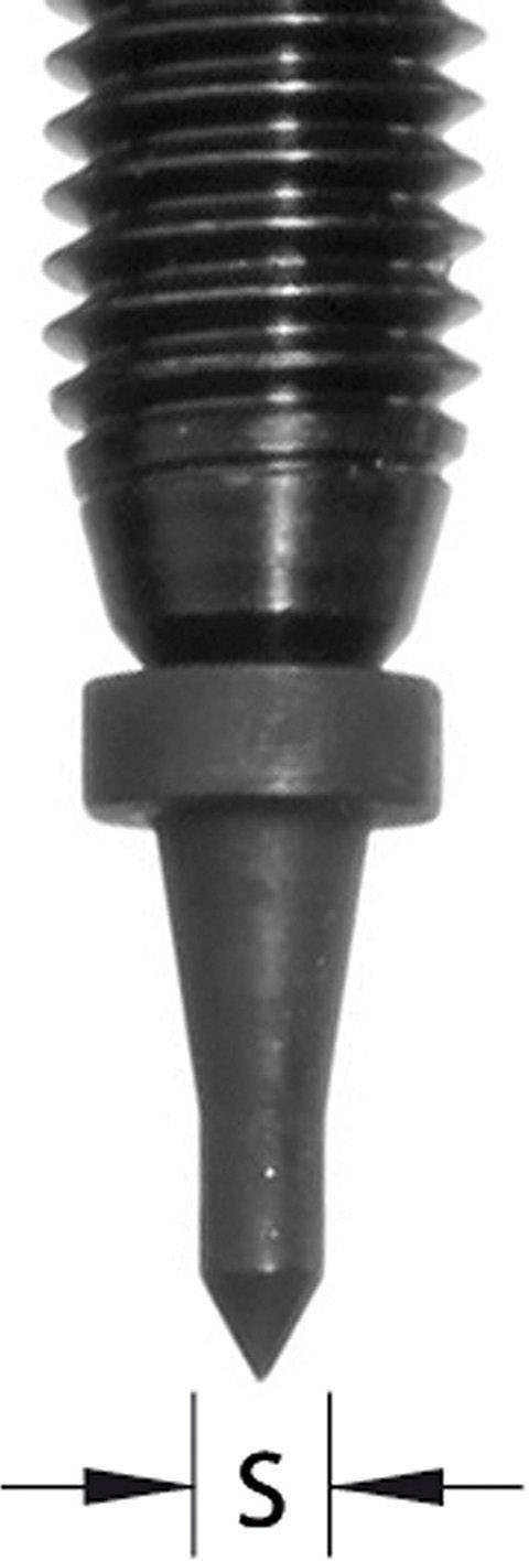 Nahaufnahme einer feinen Metallspitze mit Schraubengewinde, unten als 'S' markiert, möglicherweise ein Präzisionswerkzeug.