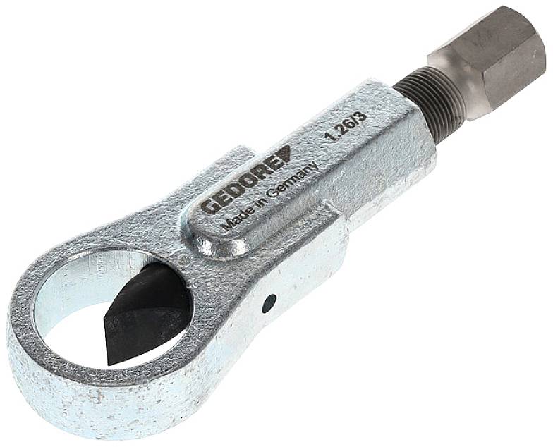 Ein silberner Abzieher von Gedore, erkennbar an der runden Öffnung und dem schwarzen Keil. Text: 'Gedore, Made in Germany, 126/3'.