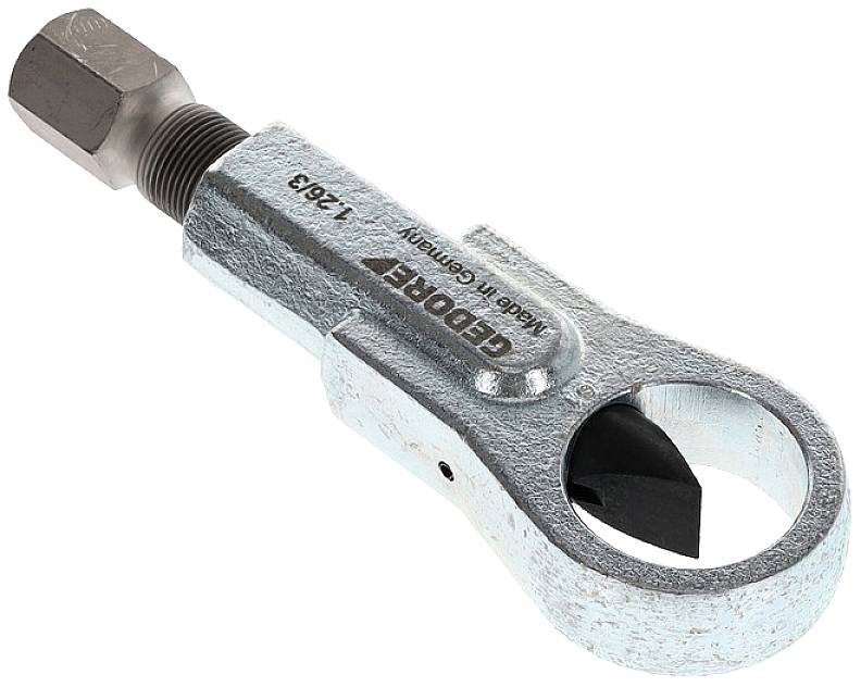 Metallschneider mit kreisförmiger Öffnung und scharfem Klingeinsatz, geeignet zum Trennen von Metallteilen wie Schrauben oder Ringen.