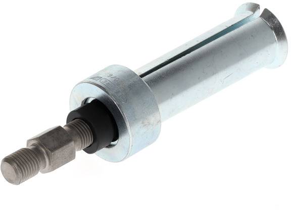 Ein metallischer Zylinder mit Außengewinde an einem Ende. Möglicherweise Teil eines mechanischen Systems oder Werkzeugs.