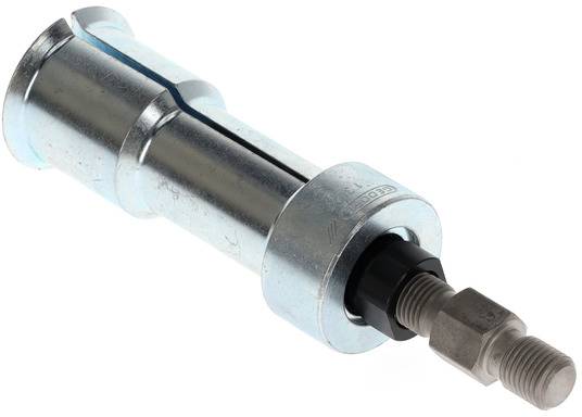 Nahaufnahme eines metallischen Werkzeugs mit einem zylindrischen Körper und einem Gewindeanschluss rechts.