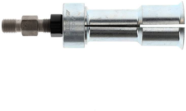 Ein Metall-Werkzeug mit einem zylindrischen Griff und einem Gewindestift, möglicherweise für mechanische Reparaturen.