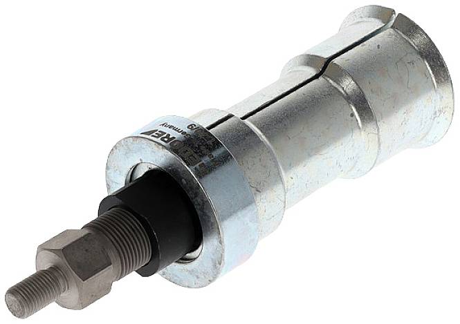 Metallischer Adapter mit Schraube, zylindrisch, Silber- und Grautöne. Häufig in mechanischen oder hydraulischen Anwendungen verwendet.