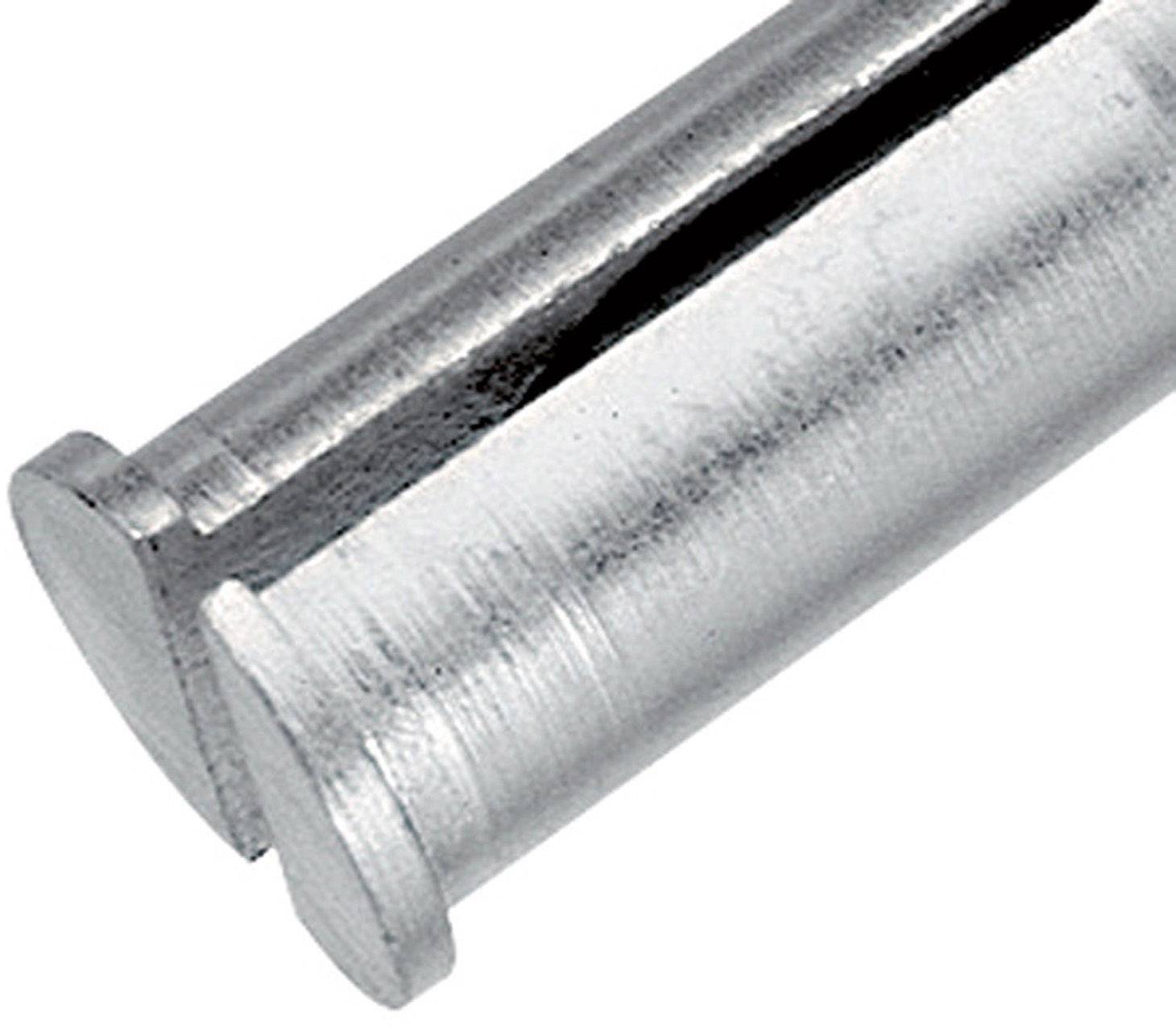 Nahaufnahme eines metallischen Bolzens. Der Bolzen ist zylindrisch mit einer glänzenden Oberfläche und hat einen Schlitz am Ende.