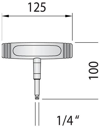 Technische Zeichnung eines T-förmigen Griffwerkzeugs mit Abmessungen: 125 mm breit, 100 mm hoch und 1/4 Zoll Schaftgröße.