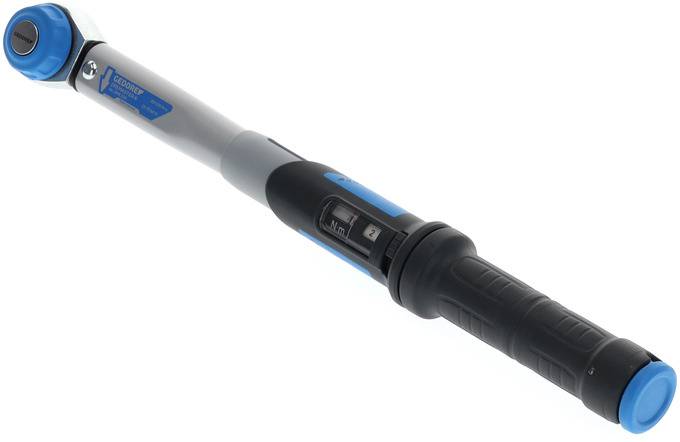 Drehmomentschlüssel mit blau-schwarzem Griff und Skala zum Messen von Anzugsmomenten, hauptsächlich für mechanische Arbeiten verwendet.