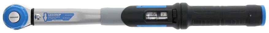 Ein Drehmomentschlüssel mit blau-grauer Farbgebung und ergonomischem Griff, verwendet zur präzisen Anwendung von Drehmoment beim Anziehen von Schrauben.