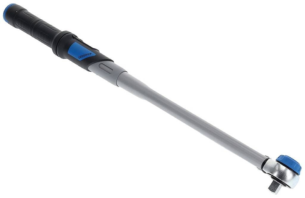 Drehmomentschlüssel mit blauem Griff, geeignet für präzises Anziehen von Schrauben; ergonomisches Design für einfachen Halt.