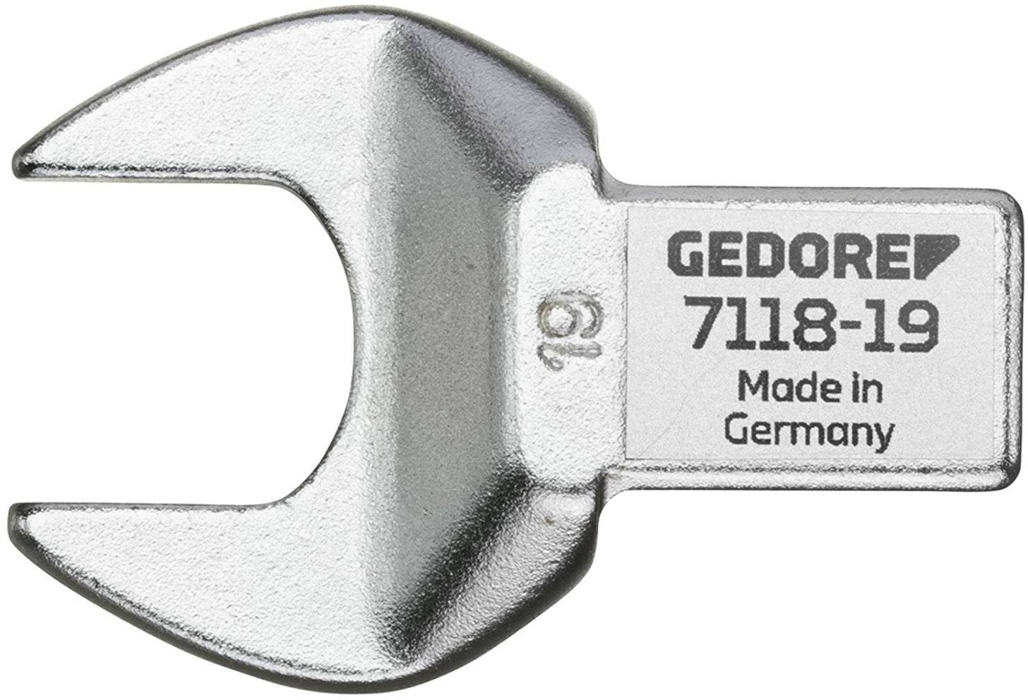 Offener Gabelschlüssel mit eingeprägter Aufschrift 'GEDORE 7118-19 Made in Germany', silberfarben, mit einer Größe von 19 mm.