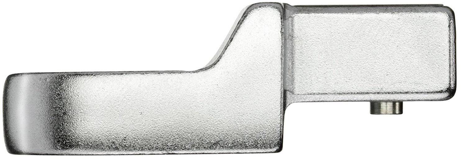 Ein silbernes, glänzendes Metallwerkzeug mit einem langen, flachen Griff und einer kurzen, rechtwinkligen Verlängerung oben.