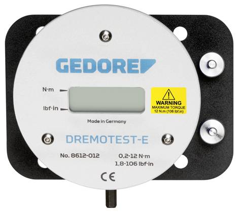 Digitales Drehmoment-Prüfgerät mit der Bezeichnung GEDORE DREMOTEST-E, ausgestattet mit einem LCD-Display, Drehmomenteinheiten N·m und lbf·in, sowie einer Warnung für maximales Drehmoment 12 N·m (106 lbf·in).