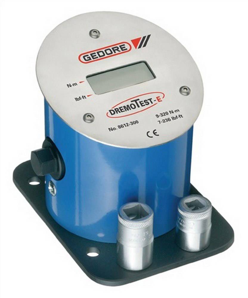 Digitaler Gedore Drehmomenttester mit blauem Gehäuse, Display und Bedienelementen auf Metallplatte, ideal zur Drehmomentprüfung.