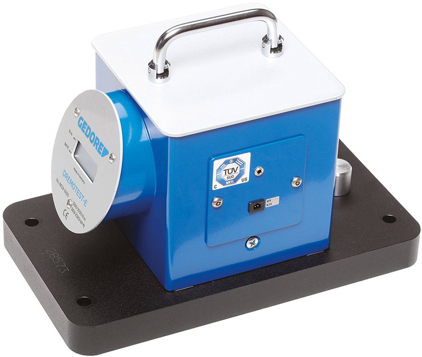 Blaues Gerät von Gedore in rechteckiger Form auf schwarzer Basis mit Griff an der Oberseite und Prüfsiegel, vermutlich zur Messung.
