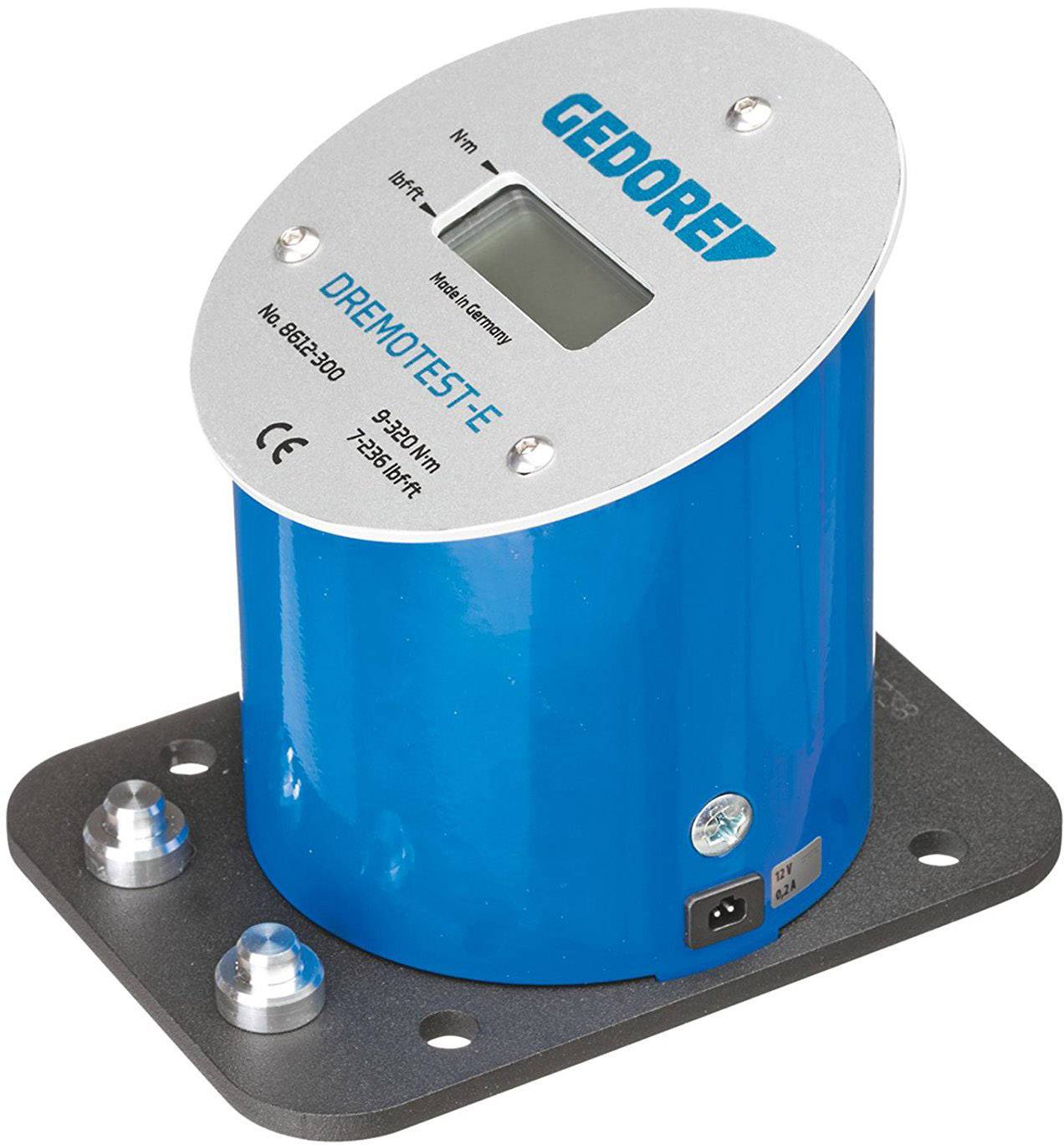 Blauer Drehmomenttester namens 'Gedore Dremotest E', Modell BE8-250, mit digitaler Anzeige, auf schwarzer Basis montiert.