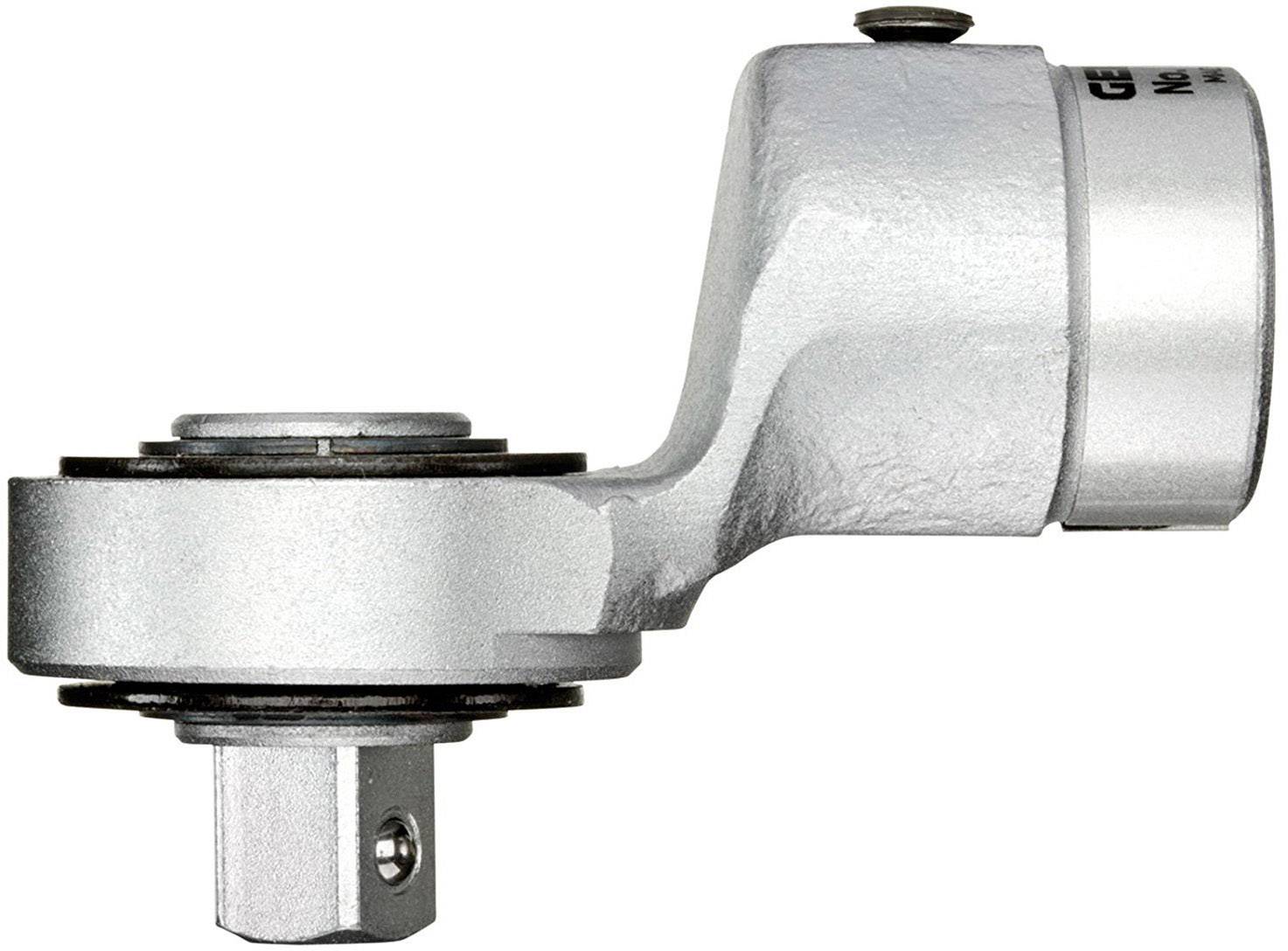 Ein silberner Ratschenkopf mit einem kompakten Design, seitliche Ansicht. Wird verwendet für mechanische Arbeiten mit Stecknüssen.