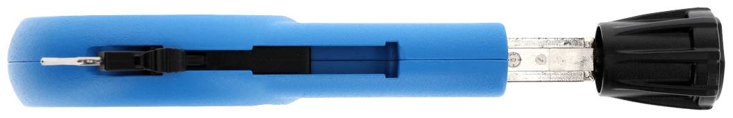 Ein blauer Schraubendreher mit schwarzem Griff und ausziehbarer Metallklinge, horizontal positioniert.