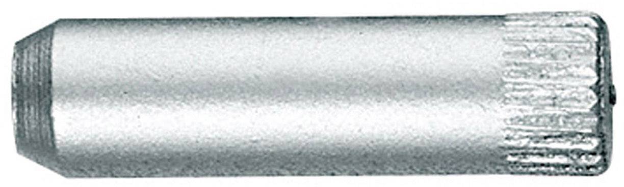 Ein silberner Metallstift mit flachem Kopf und geriffeltem Ende, vermutlich ein Teil für Hardware- oder Maschinenanwendungen.