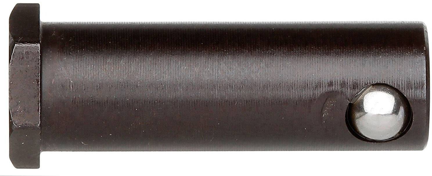 Ein schwarzer, zylindrischer Metallstift mit sechseckigem Kopf und einer eingelassenen Kugel auf einer Seite.