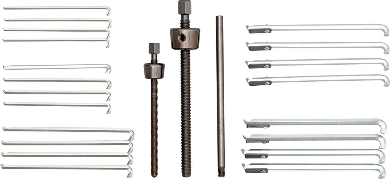 Mehrteiliger Abzieher-Satz mit verschiedenen Haken und Schrauben, zum Lösen festsitzender Teile in mechanischen Anwendungen.