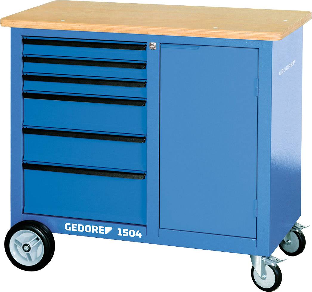 Blauer Werkzeugwagen mit fünf Schubladen und einer Tür, Oberseite aus Holz, auf zwei großen Rollen, mit Aufschrift 'GEDORE 1504'.